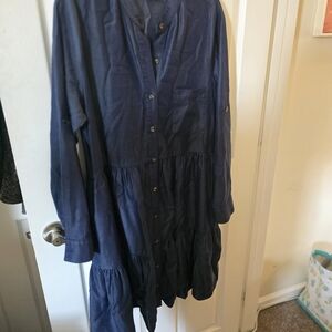 Navy Blue Button-Front Tiered Shirt Dress
